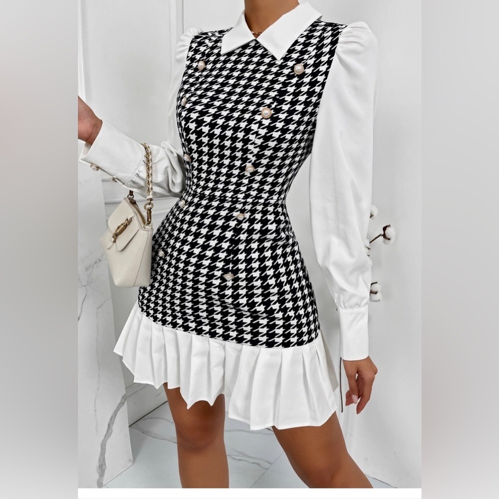 🔥🔥HOST PIC🔥🔥 Slayr Houndstooth Panel Puff Sleeve Pleated Hem Dress